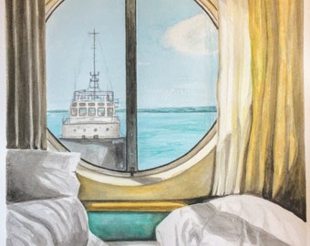 Original Watercolor Painting "Morning Dock, Bermuda" Cruise Ship, Island, Ocean, Tugboat, Bermuda Painting
