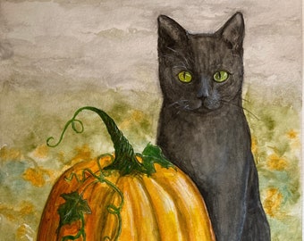 Black Cat and Pumpkin / Halloween Cat / Fall Artwork / Original Watercolor