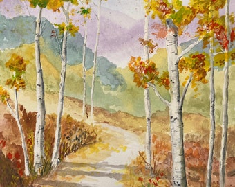 Birches in an Autumn Wood / Original Watercolor / Fall Landscape / Trees and Forest