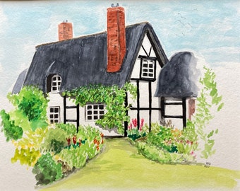 Thatched Roof Cottage / Original Watercolor Painting / English Countryside / Worcestershire UK