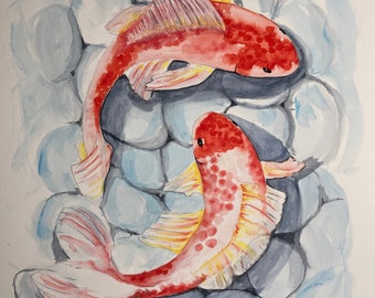 Playful Koi Fish / Original Watercolor / Ocean Art / Sea Life