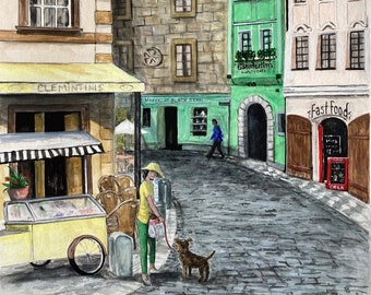 Outside the Hotel Clementin /  European Street Scene; Prague, Czech Republic / Original Watercolor Painting