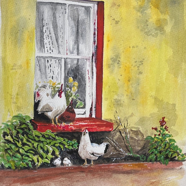 Watercolor painting "Rooster, Hen and Chicks"