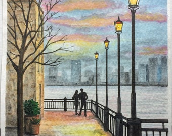 Original Watercolor Painting "Riverview" Cityscape Sunset Waterview