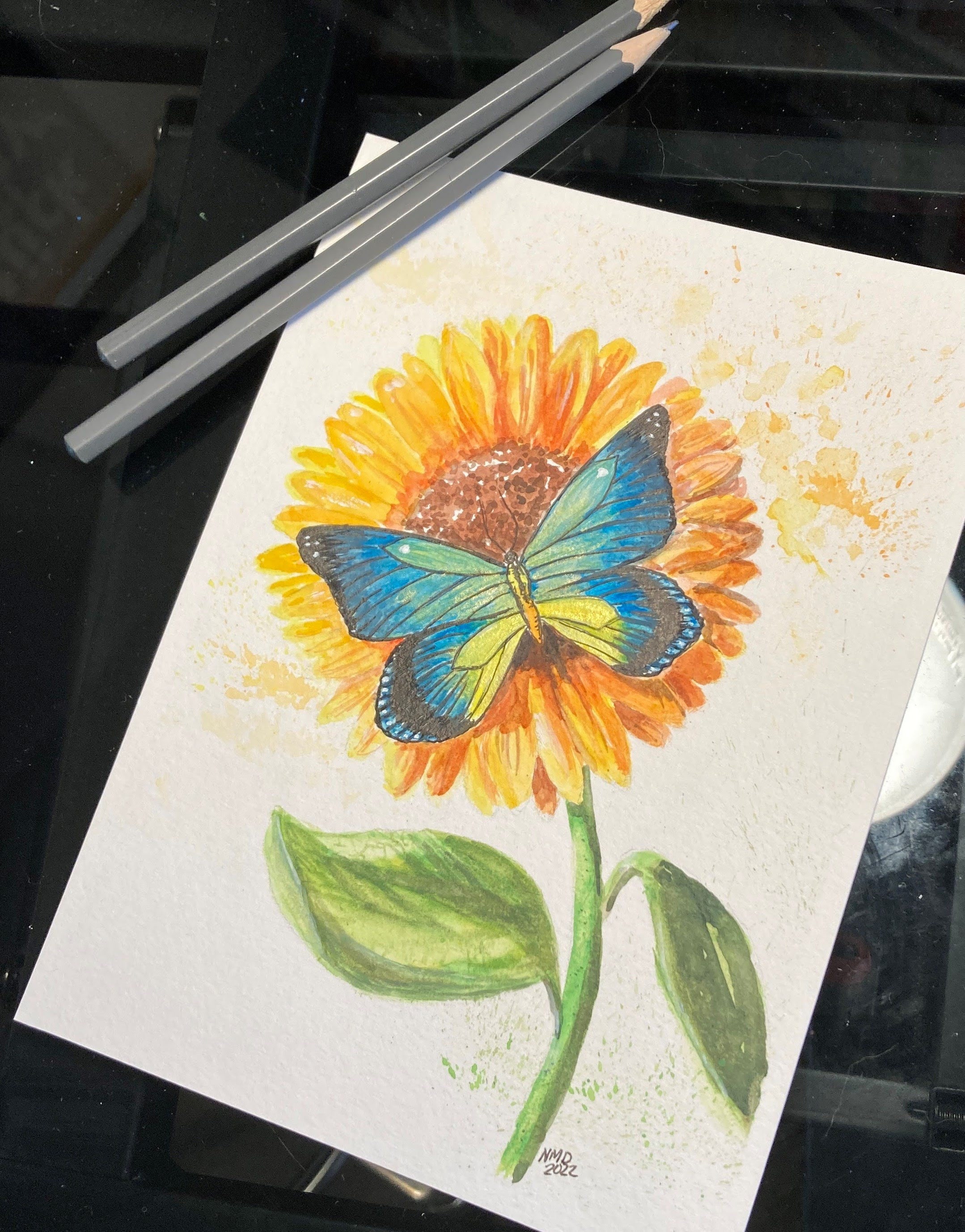Sunflower and Blue Butterfly / Original Watercolor Painting / Butterfly
