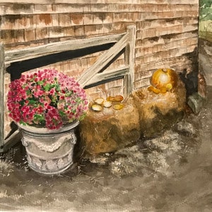 Pumpkins and Hay Bales, Original Watercolor Painting, Autumn, Sleepy Hollow NY