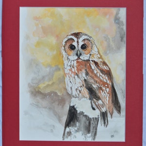 Watercolor Painting Owl in Winter owl painting wildlife portraits image 2