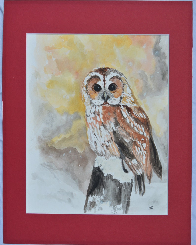 Watercolor Painting Owl in Winter owl painting wildlife portraits image 2