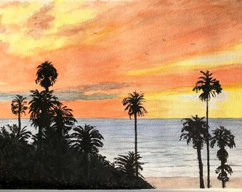 Santa Monica Sunset, Original Watercolor Painting, California beach art