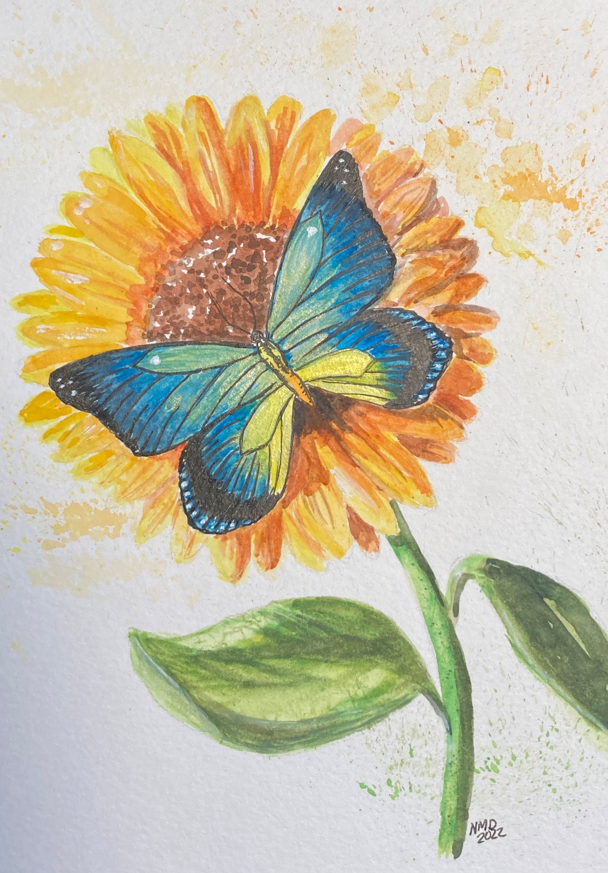 Sunflower and Blue Butterfly / Original Watercolor Painting / Butterfly