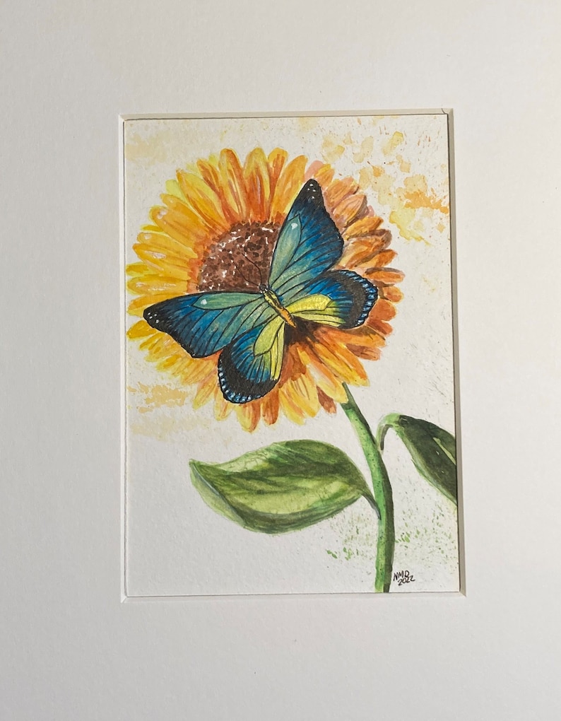 Sunflower and Blue Butterfly / Original Watercolor Painting / Butterfly