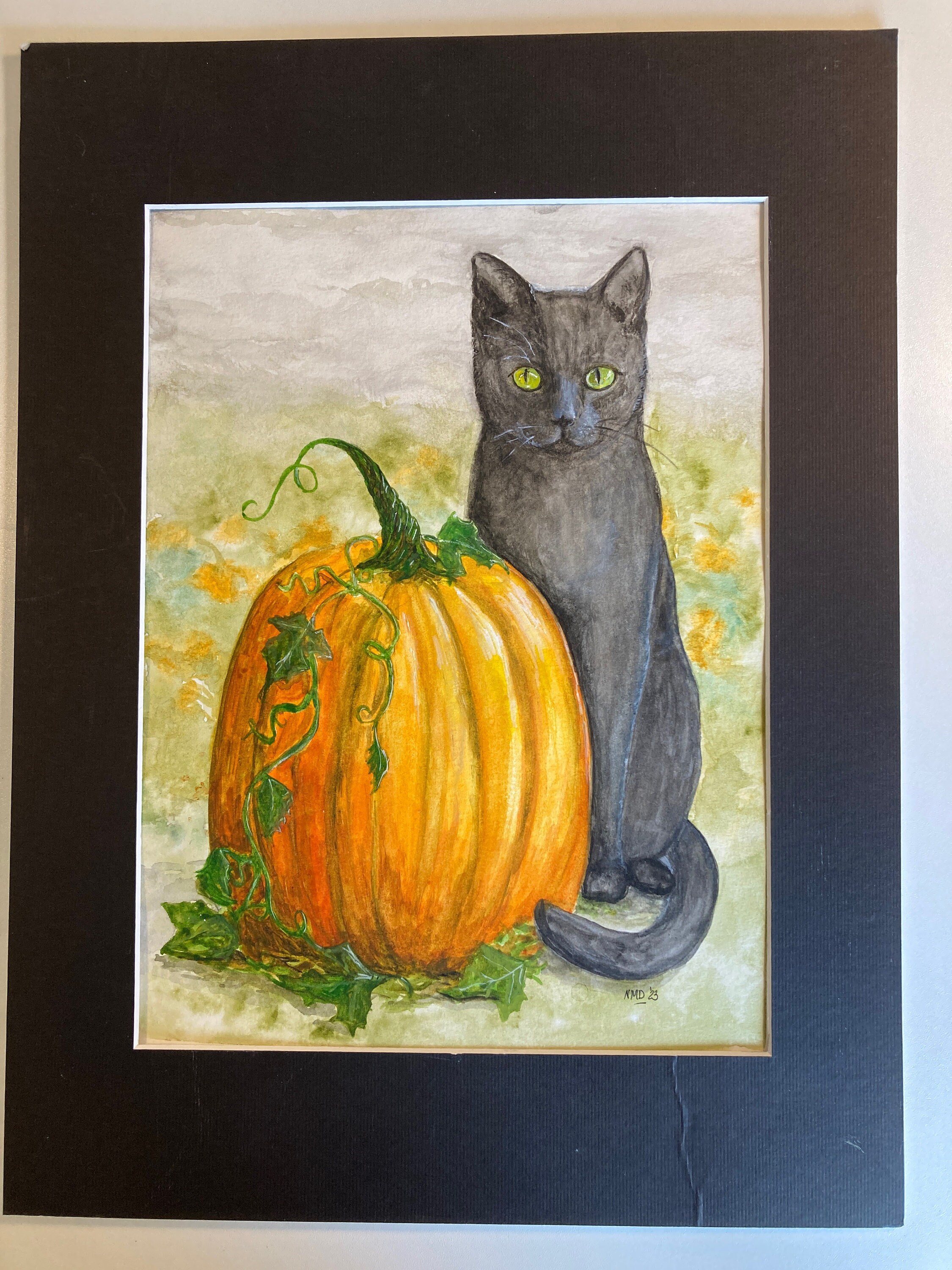 Black Cat and Pumpkin / Halloween Cat / Fall Artwork