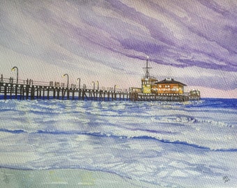 Watercolor Painting "Pacific Pier" Santa Monica, California  Ocean Beach Landscape