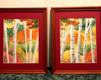 Set of Original Watercolor Paintings "Autumn Birches"