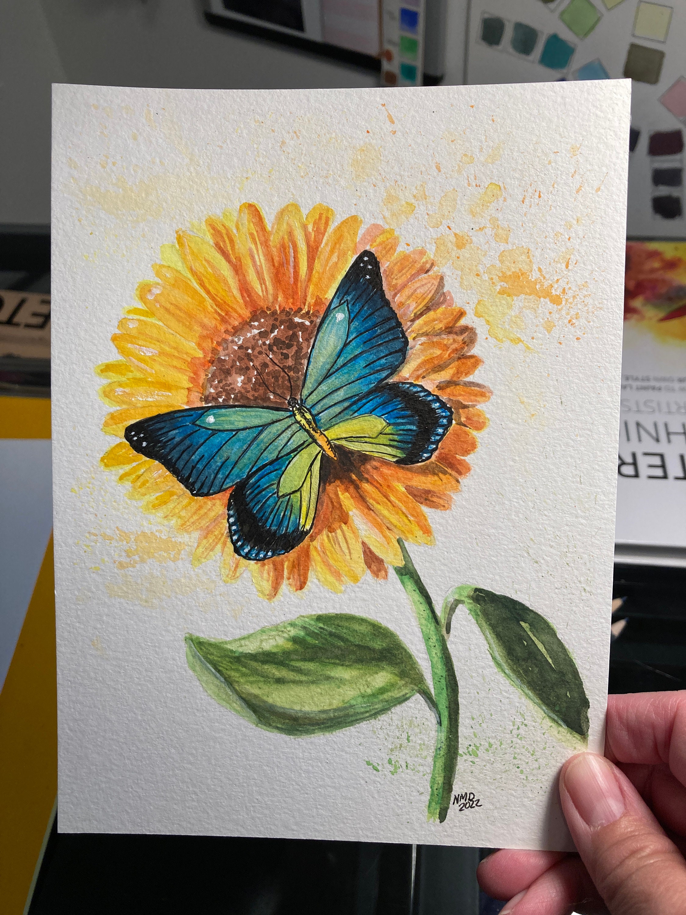 Sunflower and Blue Butterfly / Original Watercolor Painting / Butterfly