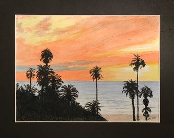 Santa Monica Sunset, Original Watercolor Painting, California beach art