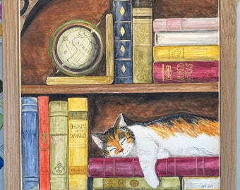 Calico Dreams / Original Watercolor Painting / Cats and Books /  Calico Cat Gift