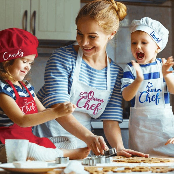 Ensemble tablier et toque personnalisés pour enfants, tablier enfant et toque de chef pour enfants, cadeau d'anniversaire personnalisé pour cuisiner et cuisiner