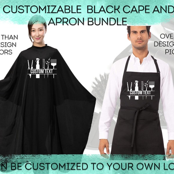 Bundle Custom Black Salon Cape and Apron, Professional Barbershop Gown apron and cape, Hairstylist Gift, Barbershop Bundle Apron and Cape.