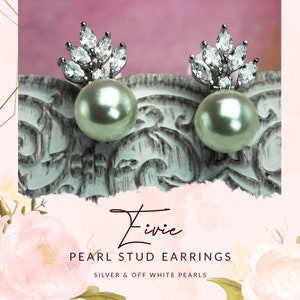 Pearl Bridal Earrings, Pearl Wedding Earrings, Silver CZ Stud Earrings, CZ Bridal Earrings, Silver Pearl Wedding Earrings ~ EIVIE20201