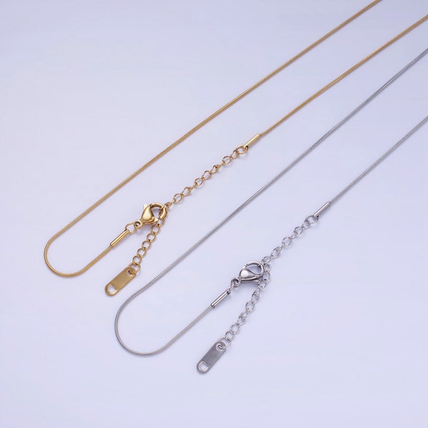 Dainty Snake Chain Necklace Supply for Jewelry Making, 14K Gold or Silver Tone Stainless Steel, Adjustable 18.1 Inches with 2 Inch Extender