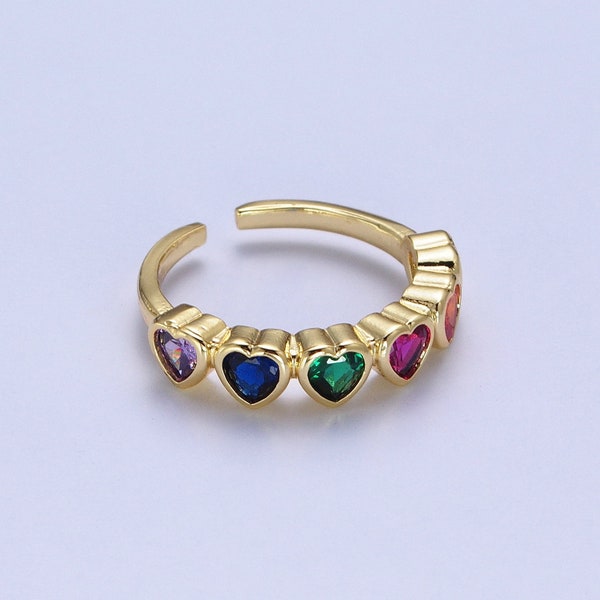 Multicolor Heart Chain Design Stack Ring, CZ Cubic Zirconia, Dainty Open Adjustable 24K Gold Filled Colorful Band