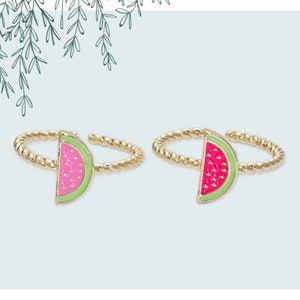 Watermelon Slice Stack Ring, Colored Enamel - Hot Pink or Pink - Thin Dainty Open Adjustable Gold Filled Fruit Design Band