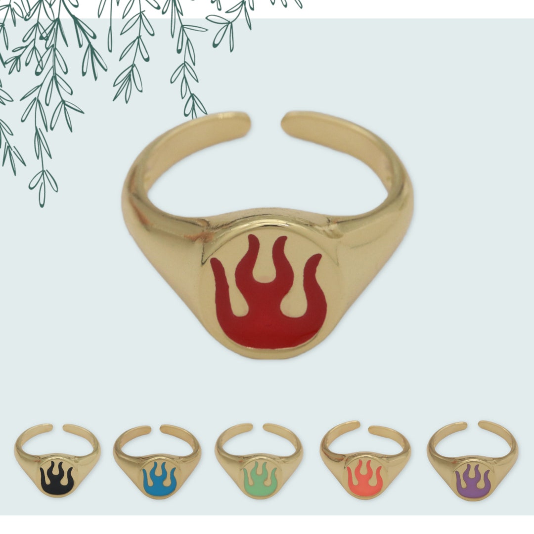 Flame Design Signet Ring Colored Enamel Black Red Orange - Etsy