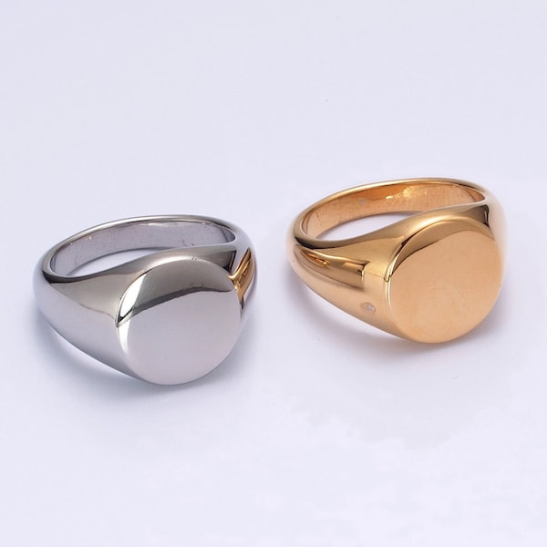 Flat Circle Signet Ring, Gold or Silver, Stainless Steel Minimalistic Round Band for Men