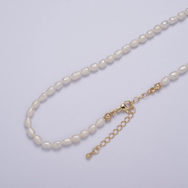 Freshwater White Pearl Beaded Choker String Necklace Jewelry, 14K Gold Filled Clasp, Classic Bridal Pearls, 15 Inches with 2 Inch Extender