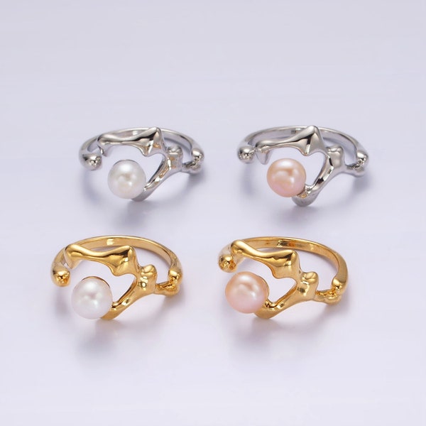 Abstract Molten Design Wraparound Stack Ring with White or Pink Pearl, Gold or Silver, Adjustable 14K or White Gold Filled Band for Women