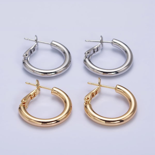 Classic Gold of Silver Everyday Wear Tube Hoop Earrings, 20 mm, Latch Back Fastening, Minimalistic 16K or White Gold Plated Jewelry, 1 Pair
