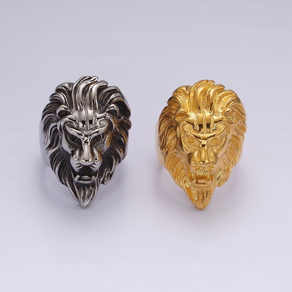 Lion Head Ring, Gold or Silver, 3D Stainless Steel Statement Band for Men