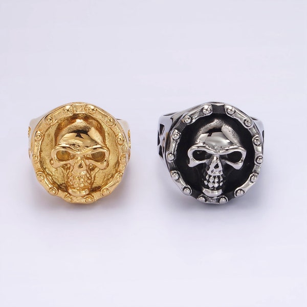 3D Human Skull Coin Ring, 14K Gold or Silver Tone Stainless Steel Statement Band for Men