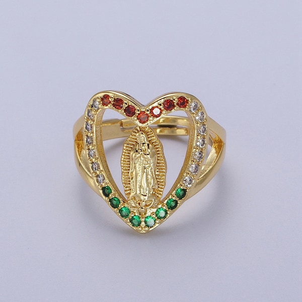 Praying Virgin Mary in Heart Ring, with Red, White, and Green Micro Pave CZ Cubic Zirconia, Open Adjustable 24K Gold Filled Christmas Band