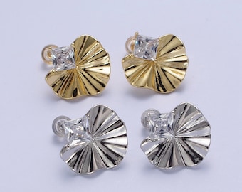 Floral Stud Earrings, Gold or Silver, Clear Diamond-Shaped CZ Cubic Zirconia Crystal, Gold Plated Jewelry for Women, 1 Pair