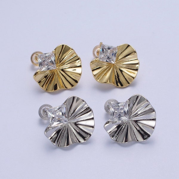 Floral Stud Earrings, Gold or Silver, Clear Diamond-Shaped CZ Cubic Zirconia Crystal, Gold Plated Jewelry for Women, 1 Pair