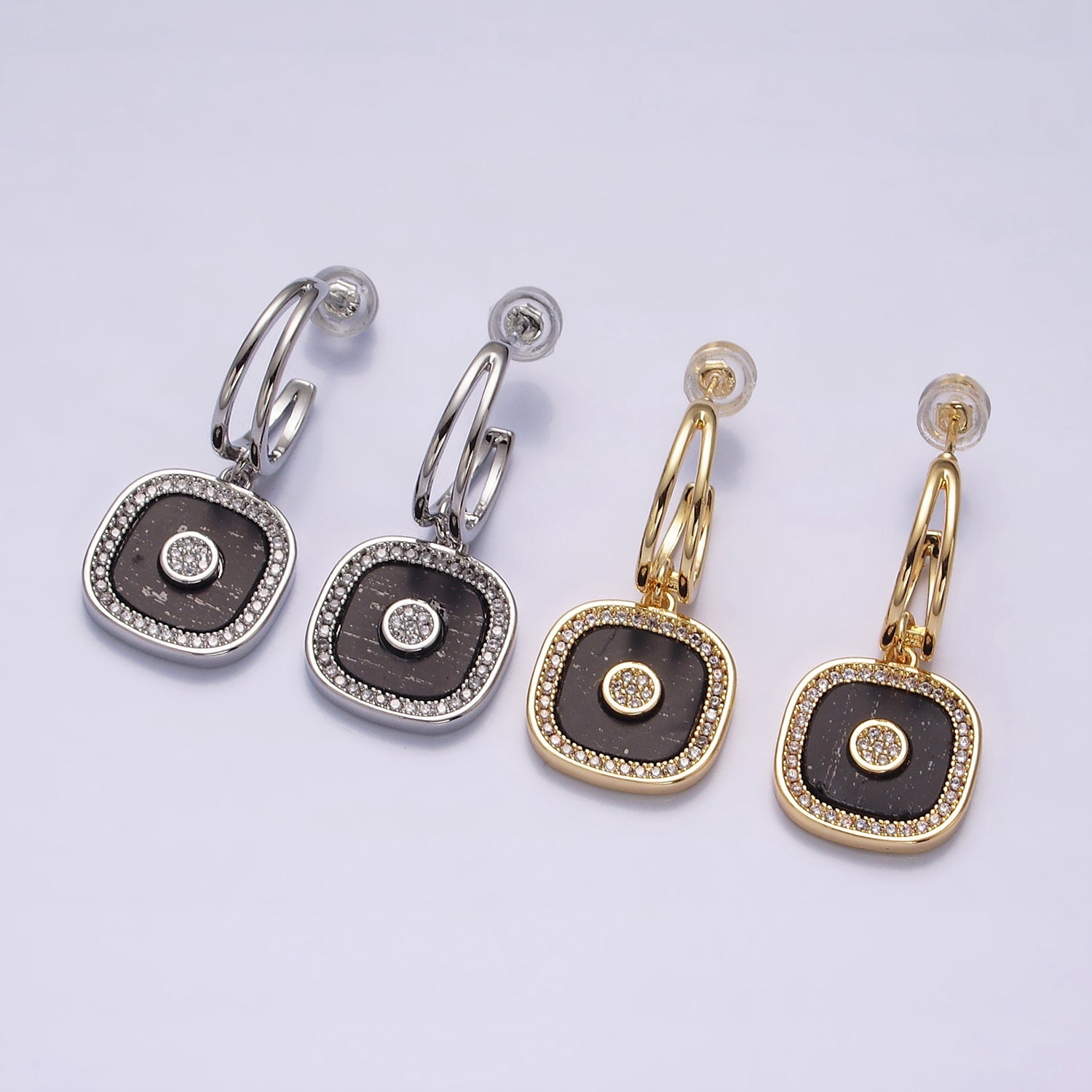 Black Square Charm Dangle Hoop Stud Earrings, Gold or Silver, Clear Micro Pave CZ Cubic Zirconia, 16K or White Gold Filled Jewelry, 1 Pair - Etsy Black Square Charm Dangle Hoop Stud Earrings, Gold or Silver, Clear Micro Pave CZ Cubic Zirconia, 16K or White Gold Filled Jewelry, 1 Pair - Etsy