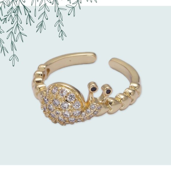 Snail Design Stack Ring with Micro Pave CZ Cubic Zirconia, Heart Beaded Open Adjustable 24K Gold Filled Animal Nature Band