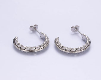 Geometric Pattern Hoop Stud Earrings, Silver Tone Stainless Steel Earring Jewelry for Women, 1 Pair