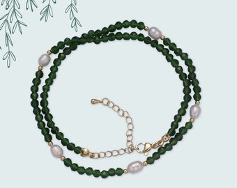 Pearl Beads and Green Faceted Rondell Glass Beads on 18K Real Gold Filled Chain Necklace Jewelry, 16.5 Inches with 2 Inch Extender