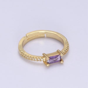 Cocktail Ring with Micro Pave CZ and Baguette Cut Colored Cubic Zirconia Green, Baby Blue, Purple Adjustable 24K Gold Filled Band Purple