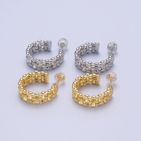 Bubble Beaded Woven Design Open Hoop Stud Earrings, Gold or Silver, Gold Plated Earring Jewelry for Women, 1 Pair