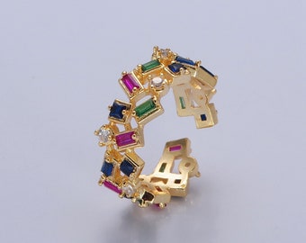 Bague empilée à motif de pierres précieuses aléatoires, zircone cubique CZ rectangulaire multicolore, bande colorée réglable épaisse remplie d'or 16 carats