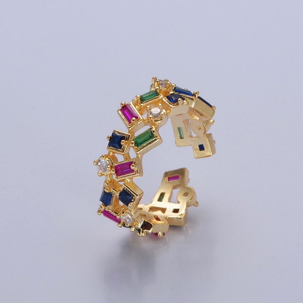 Random Gemstones Pattern Stack Ring, Multicolor Rectangular Baguette Cut CZ Cubic Zirconia, Thick Adjustable 16K Gold Filled Colorful Band