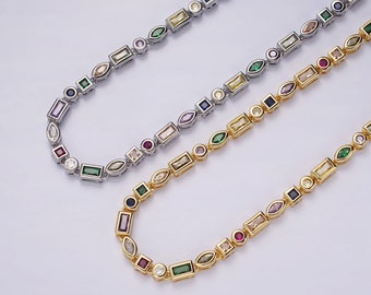 Collier de chaîne ras du cou en zircone cubique géométrique multicolore, or ou argent, rempli d'or 14 carats ou blanc, 16 pouces avec rallonge de 2 pouces