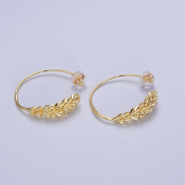 Wheat Design Open Hoop Stud Earrings, Minimalistic 14K Gold Plated Jewelry for Women, 1 Pair