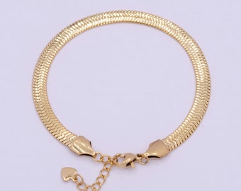Herringbone Snake Chain Bracelet, 5mm, Adjustable 24K Gold Filled Bracelet for Women, 7.0 Inches with 1.0 Inch Extender