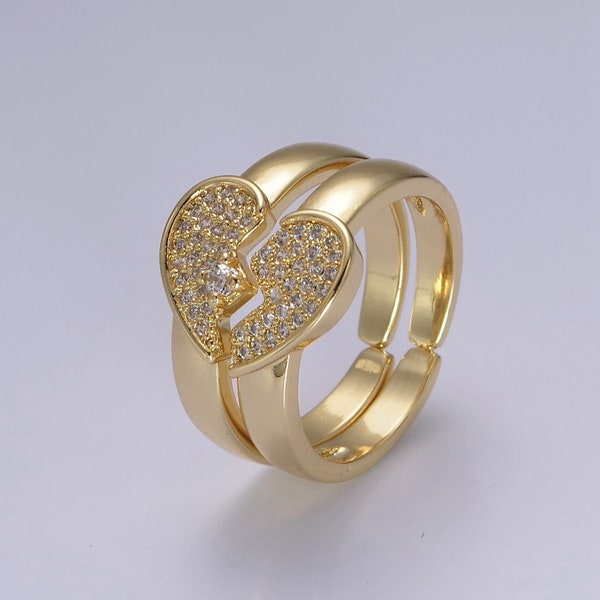 Heart Halves Ring Set, Micro Pave CZ Cubic Zirconia, Open Adjustable Gold Filled Broken Heart Couple Ring Bands