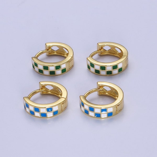 Checkerboard Squares Tile Pattern Huggie Hoop Earrings - Green or Blue - Dainty 24K Gold Filled Retro Jewelry for Women, 1 Pair